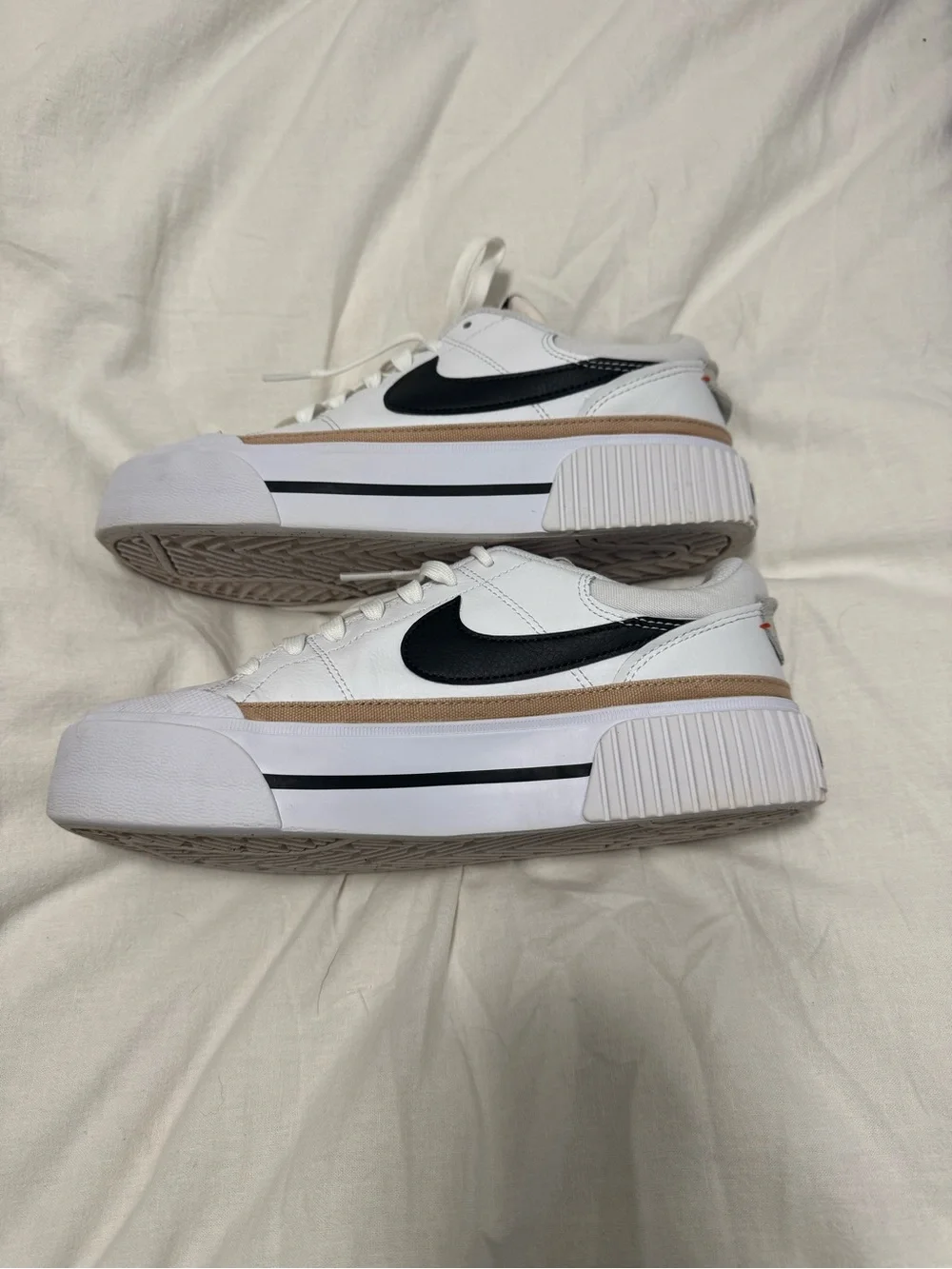 Nike White Leather Platform Sneakers with Black Swoosh and Tan Trim - Picture 2 of 8